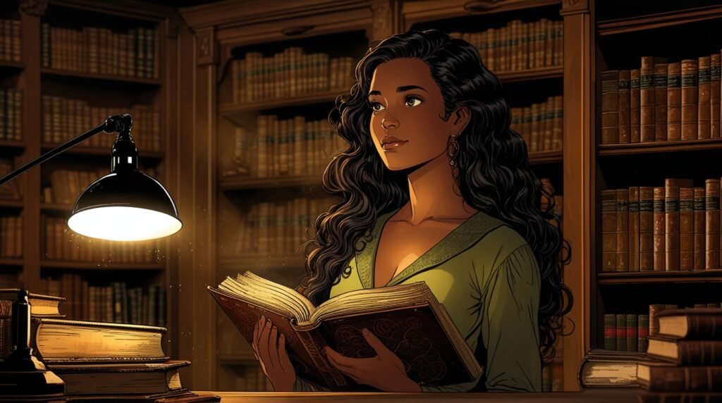 Illustration of a thoughtful female historian standing in a vintage library, holding an open antique book under warm lamplight, surrounded by tall wooden bookshelves filled with old leather-bound books.