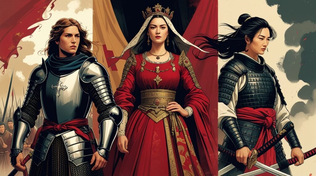Stylized image of Joan of Arc, Margaret of Anjou, and Tomoe Gozen representing iconic figures in medieval female warriors history.