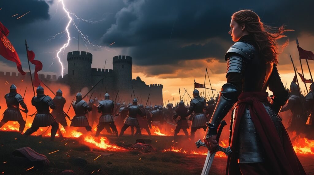Dramatic medieval battlefield with armored soldiers and a castle under lightning-filled skies, illustrating conflicts in medieval female warriors history.