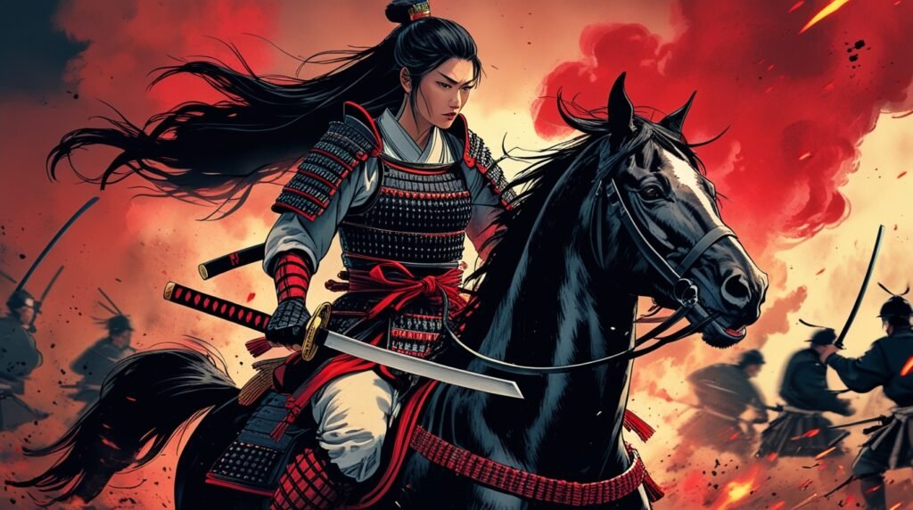 Illustration of Tomoe Gozen, a legendary female samurai warrior, riding into battle with a sword, representing powerful figures in medieval female warriors history.