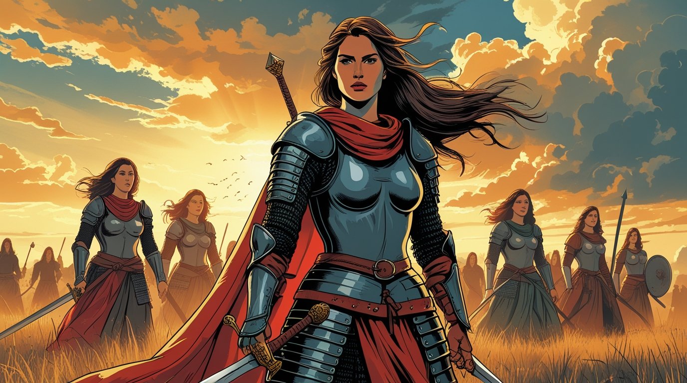 Stylized illustration of fierce medieval female warriors in battle armor, highlighting women who led armies in medieval female warriors history.