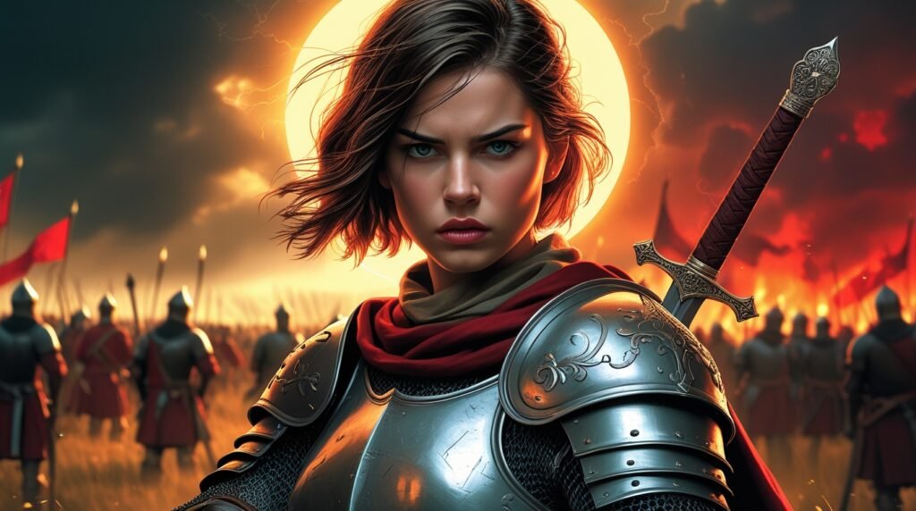 Stylized image of a Joan of Arc inspired warrior in armor with intense expression and glowing light, highlighting iconic leaders in medieval female warriors history.