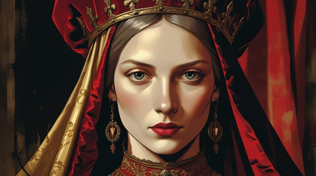 Portrait of Margaret of Anjou in a red headdress and medieval gown with a calm but commanding expression, representing powerful women in medieval female warriors history.