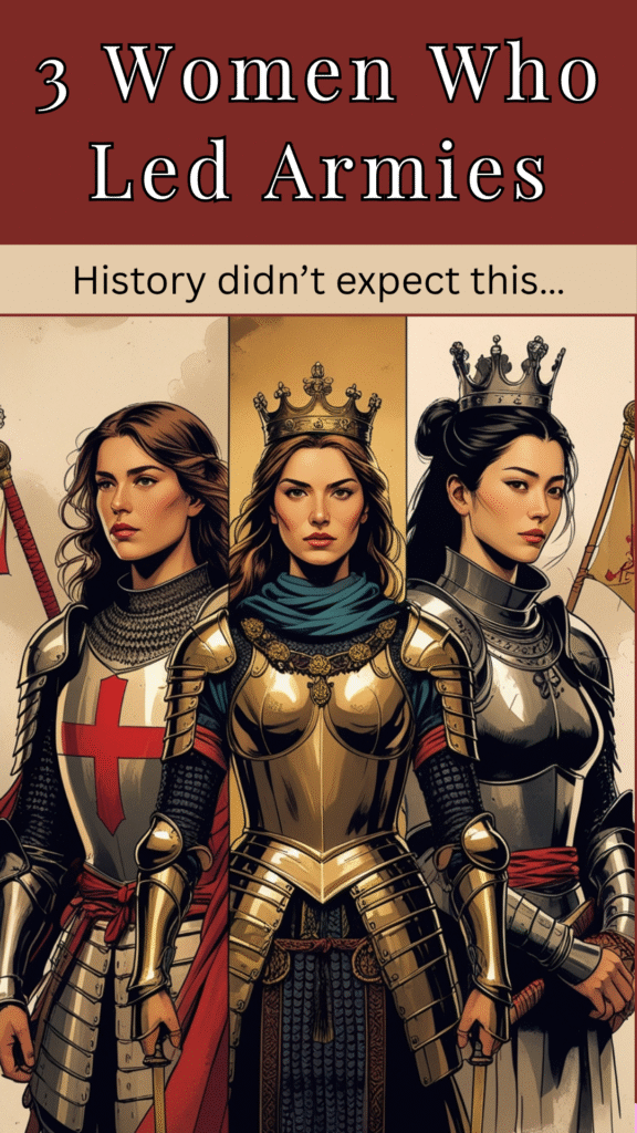 Illustration of three powerful medieval female warriors inspired by Joan of Arc, Margaret of Anjou, and Tomoe Gozen, representing women who led armies into battle.