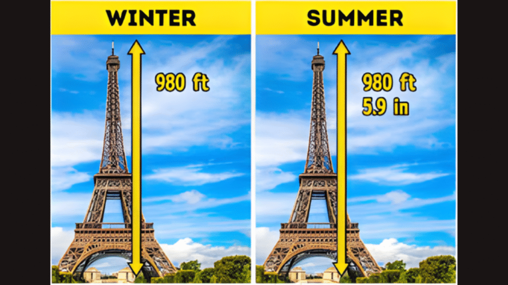 Comparison image showing the Eiffel Tower height in winter and summer, demonstrating how the metal expands in heat, a surprising science example from weird facts about the world.