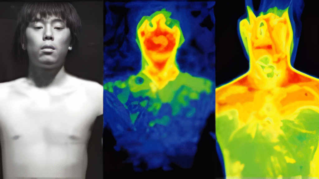 Side-by-side images showing a human body in normal light and thermal imaging, illustrating the faint glow produced by chemical reactions in the human body.
