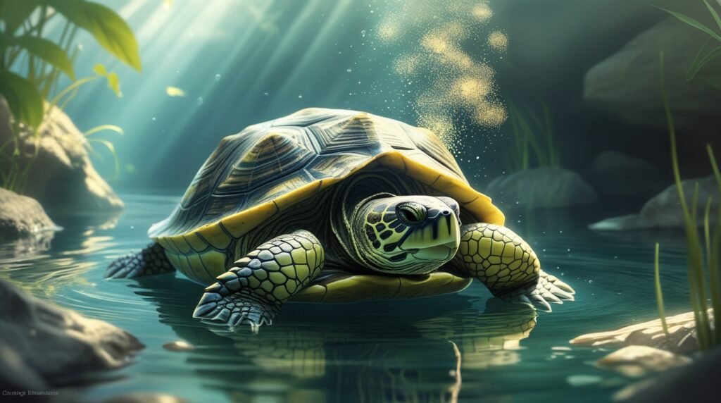 Turtle underwater in a calm stream with sunlight filtering through, representing its unusual ability highlighted in weird facts about the world.