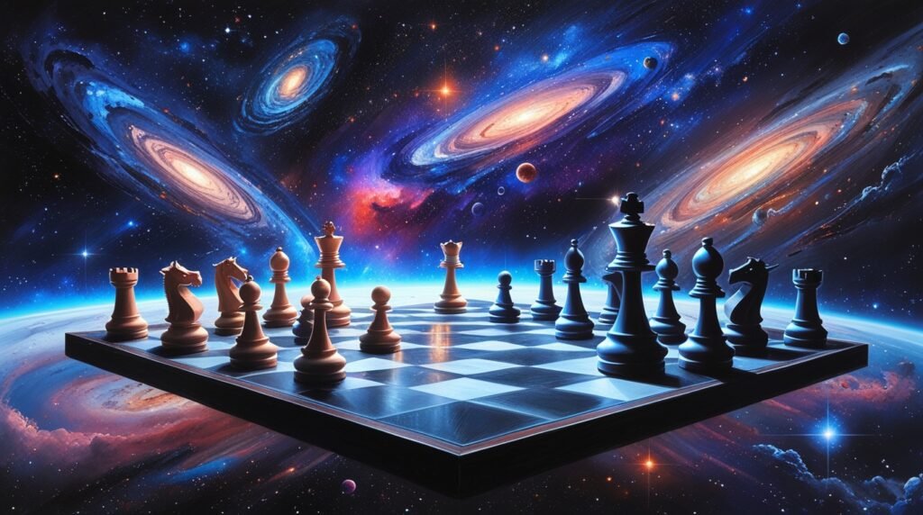 Cosmic chessboard floating in space with galaxies and stars surrounding it, illustrating the vast number of possible chess games from weird facts about the world.