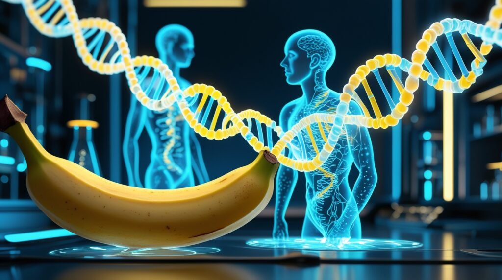 Surreal image of a banana and human silhouettes linked by a DNA helix, representing shared DNA in a surprising example from weird facts about the world.