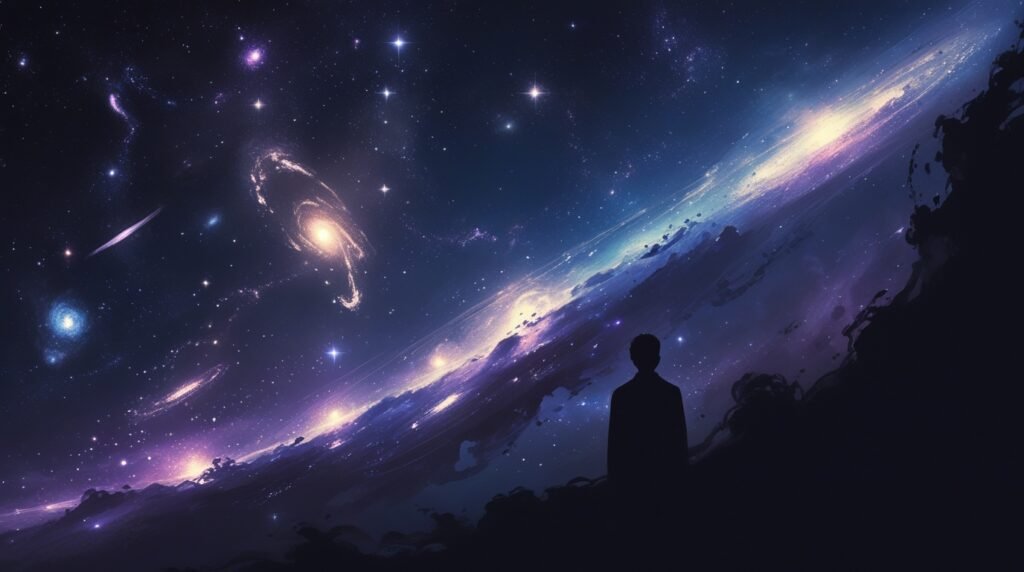 Cosmic scene with galaxies and stars fading into a dark void as a figure looks on, representing the invisible universe featured in weird facts about the world.
