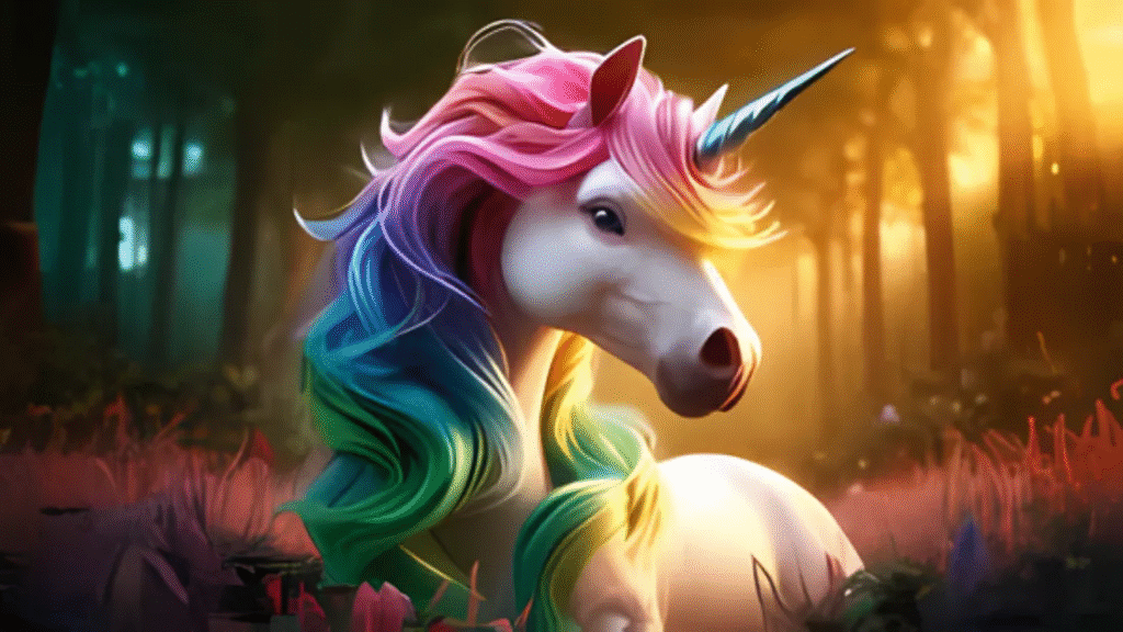 Fantasy unicorn with vibrant rainbow hair in an enchanted forest, illustrating mythical legends included in weird facts about the world.