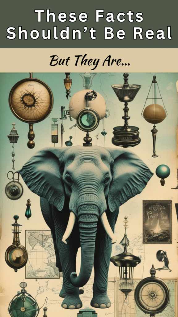 Whimsical vintage collage of historical objects, books, and strange artifacts arranged in a surreal but non-creepy composition representing weird facts about the world.