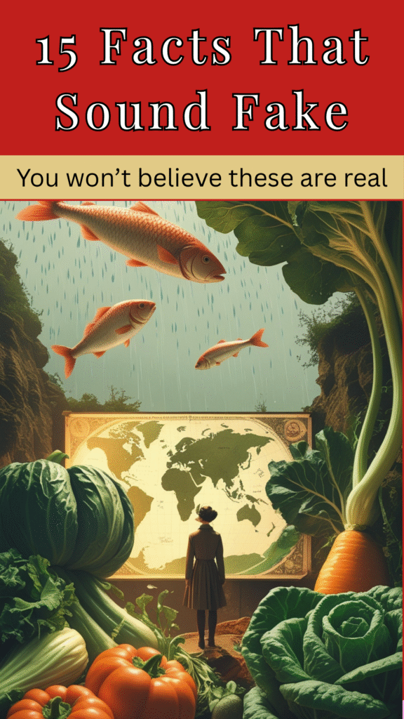 Surreal vintage-style illustration showing strange but real historical and natural phenomena, representing weird facts about the world that sound fake but are true.