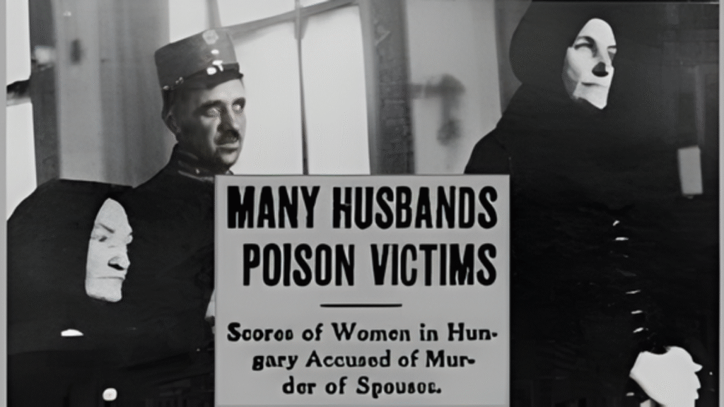 Historic black-and-white newspaper image reporting that multiple husbands were poison victims, referencing women in Hungary accused of murder during the Angel Makers of Nagyrév investigation.