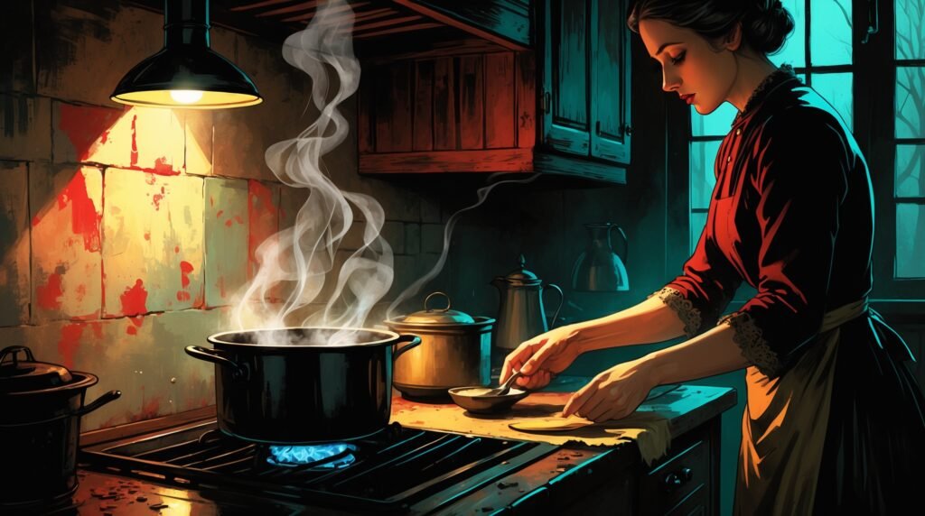 Cinematic illustration of a woman preparing food beside a steaming pot in a dim early 20th-century kitchen, symbolizing the use of arsenic poisoning in the Angel Makers of Nagyrév case.
If you want a slightly more descriptive option: