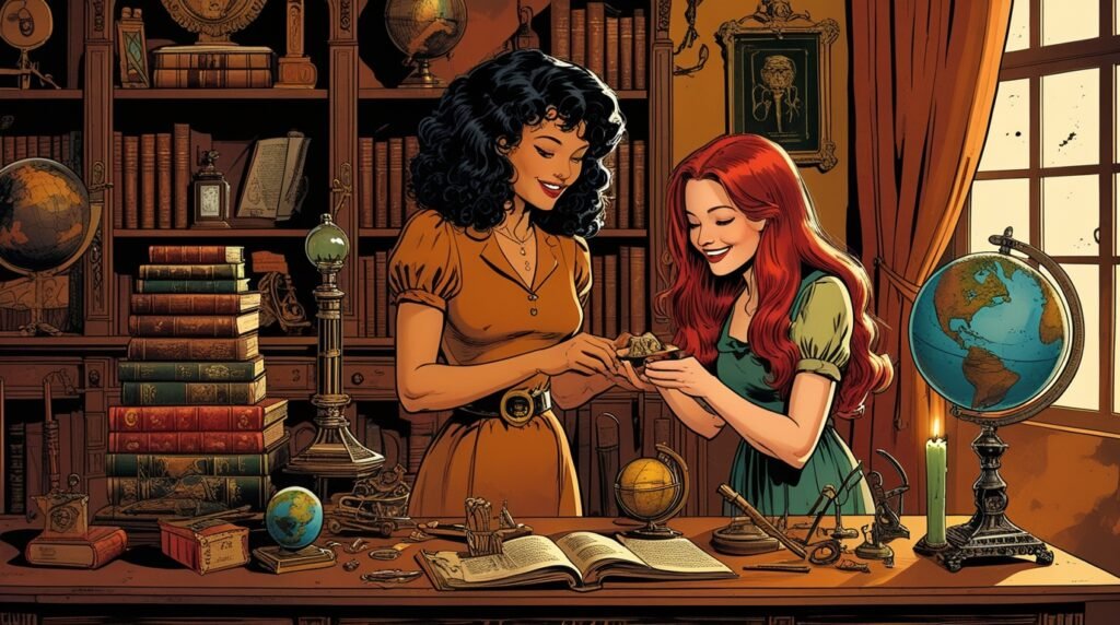 Graphic novel style illustration of two women in a vintage study examining unusual historical gifts like antique globes, old books, and scientific instruments, inspired by weird history and cabinet of curiosities themes.