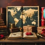 Weird history gifts arranged on a wooden desk with antique books, vintage globe, wrapped gift boxes, and an old world map in dark academia style