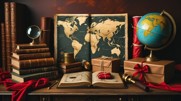 Weird history gifts arranged on a wooden desk with antique books, vintage globe, wrapped gift boxes, and an old world map in dark academia style