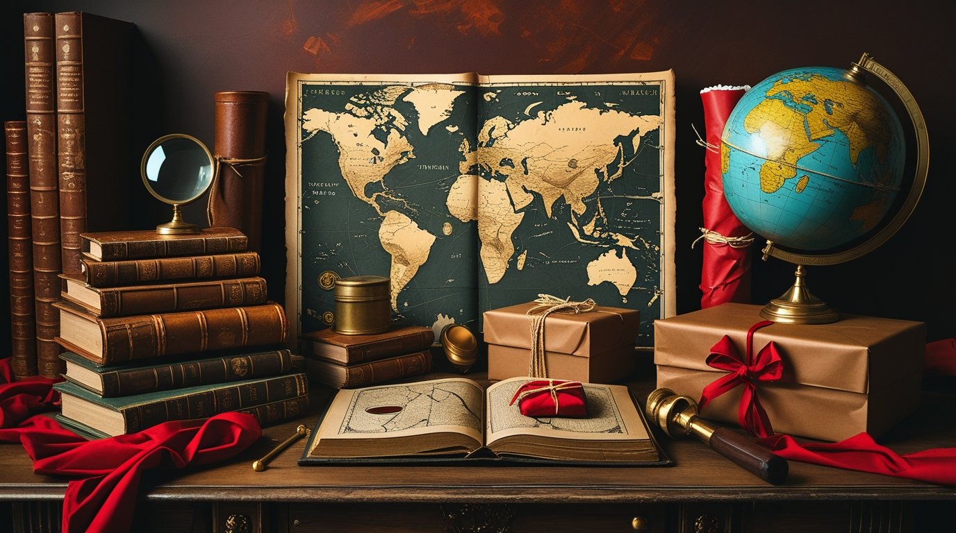Weird history gifts arranged on a wooden desk with antique books, vintage globe, wrapped gift boxes, and an old world map in dark academia style