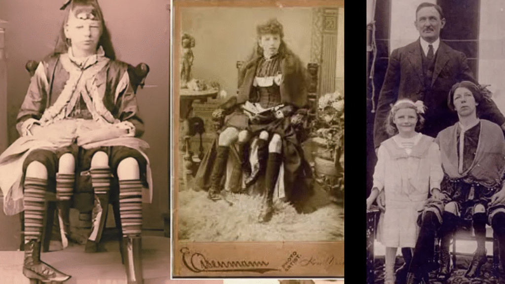 Myrtle Corbin, known as the four-legged woman, shown in historic photographs with her family, illustrating her real life beyond her sideshow fame.