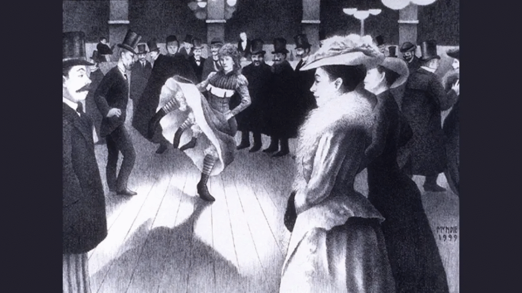 Historic illustration of Myrtle Corbin, the four-legged woman, performing for a crowd in a Victorian-era sideshow setting.