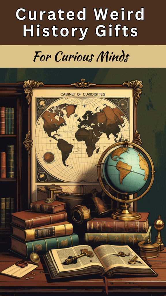 Curated weird history gifts display featuring antique books, vintage globe, cabinet of curiosities map, and dark academia study decor for curious history lovers