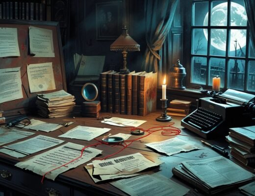 Featured image of a dark vintage detective desk with case files, red string, magnifying glass, candlelight, and a typewriter, representing unsolved mysteries and unexplained historical cases