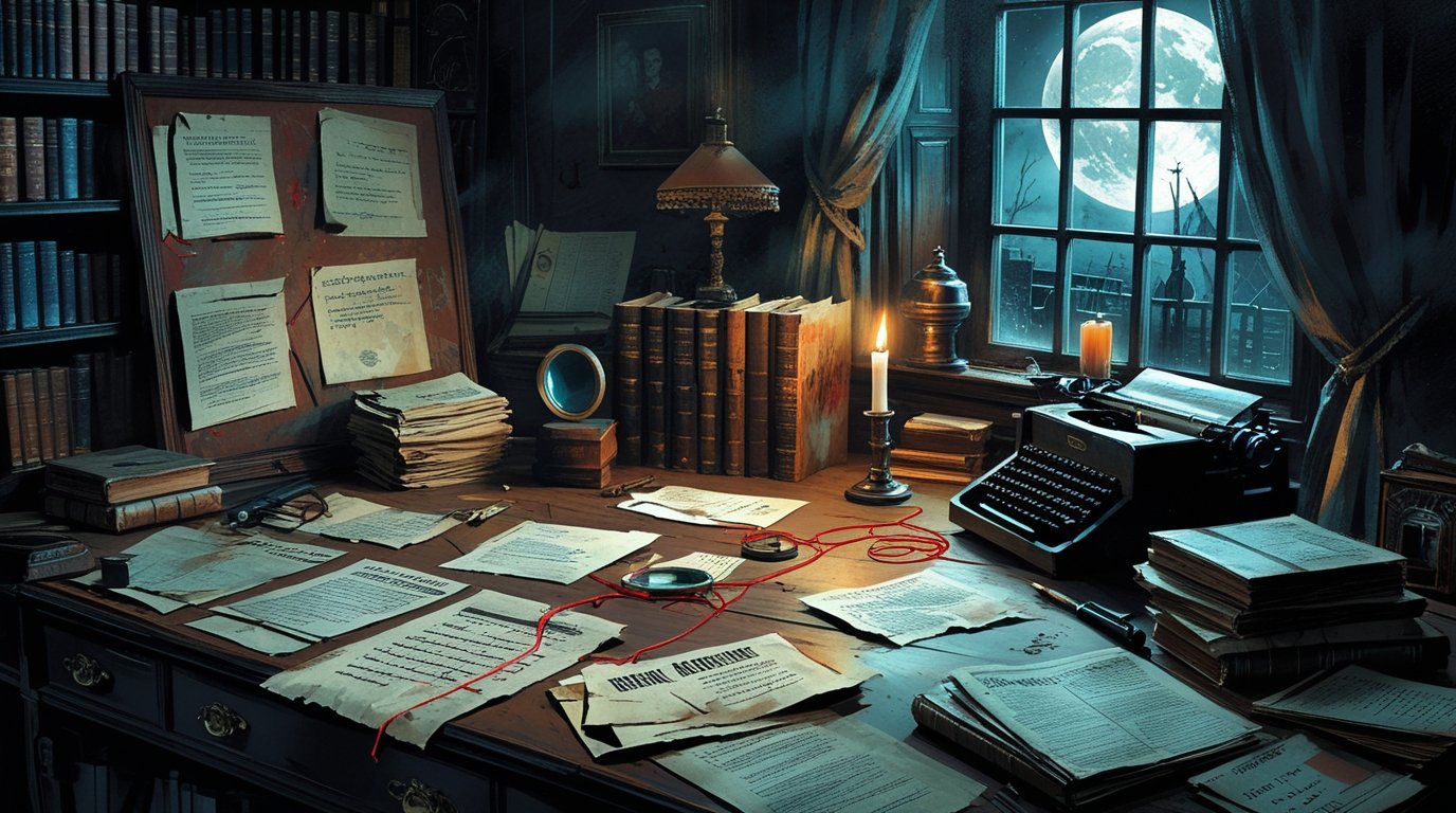 Featured image of a dark vintage detective desk with case files, red string, magnifying glass, candlelight, and a typewriter, representing unsolved mysteries and unexplained historical cases