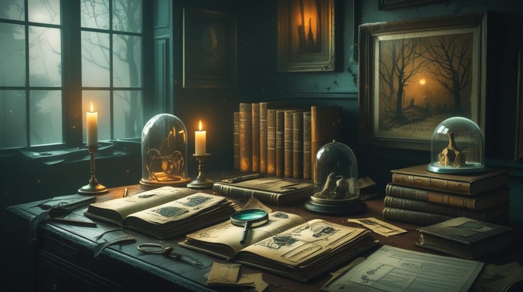 Vintage detective desk filled with old books, handwritten notes, magnifying glass, and mysterious artifacts lit by candlelight, representing unsolved mysteries and strange historical cases