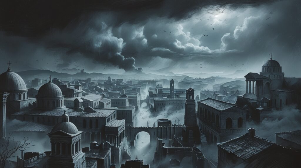Illustration of a late antique city beneath a dark, ash-filled sky during the mysterious fog of 536 AD, one of history’s most haunting unsolved mysteries and unexplained events.