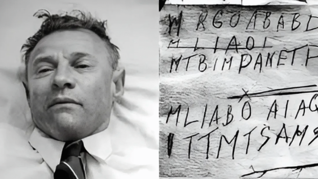 Black-and-white image of the Somerton Man beside the mysterious coded message linked to one of Australia’s most famous unsolved mysteries.