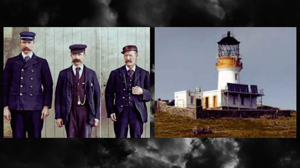 Composite image showing the three missing Flannan Isles lighthouse keepers beside a photo of the Flannan Isles Lighthouse, set against a dark stormy sky background.